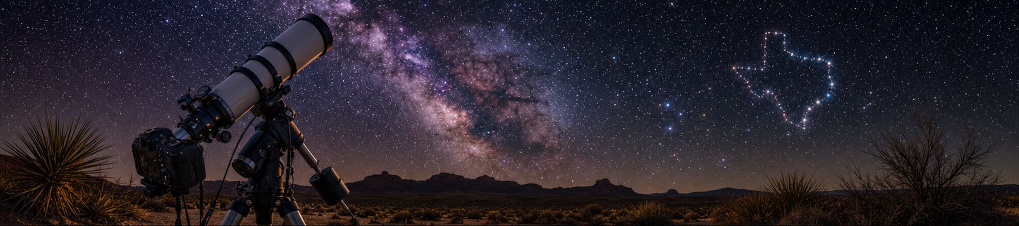 Texas drawn in stars above a desert horizon, with a telescope beneath the Milky Way